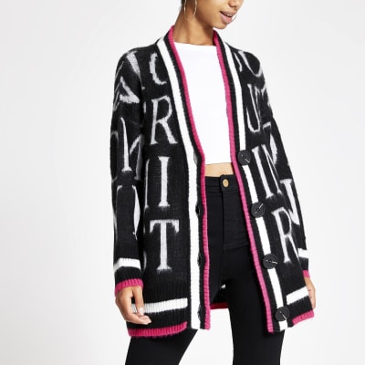 Zwart button up vest met print en V-hals 