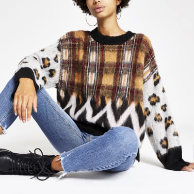 Rode gebreide pullover met gemengde print