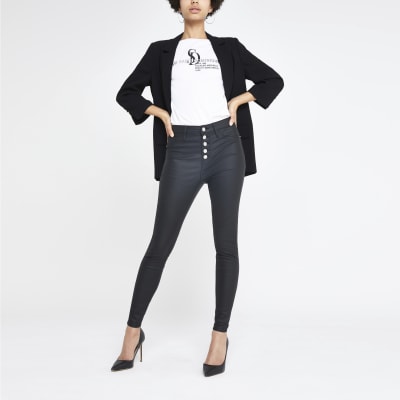 Hailey – Schwarze, beschichtete Jeans mit hohem Bund