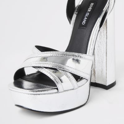 Silver metallic cross strap platform heels