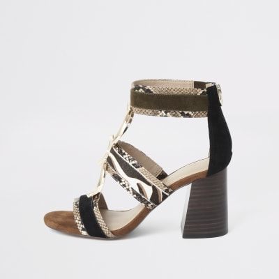 Brown snake print block heel sandals