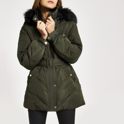 Khaki faux fur hood belted puffer coat