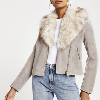 Beige Bikerjacke mit Kunstfellbesatz