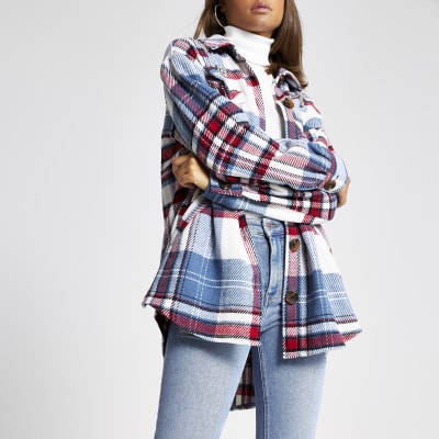 Blauw geruit overshirt met versiering