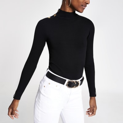 Black button detail turtle neck jumper