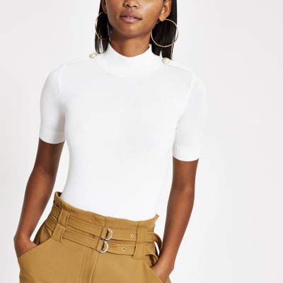 Crème gebreid T-shirt met pareltjes