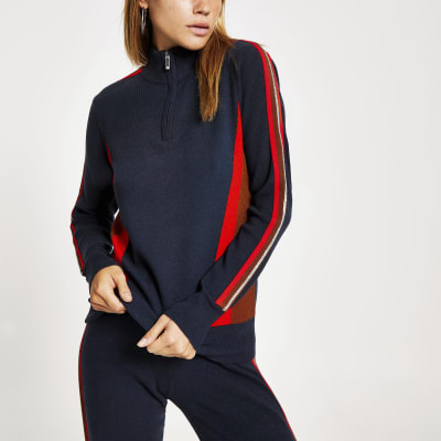 Marineblauwe gebreide top met lange mouwen en diamantprint