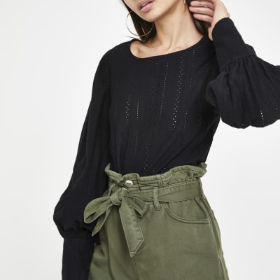 Black broiderie puff sleeve top