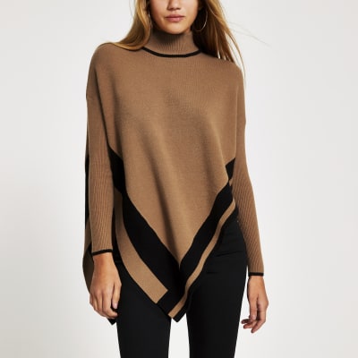 Bruine gebreide hoogsluitende cape pullover