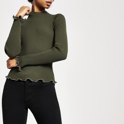 Strickoberteil in Khaki mit Stehkragen und perlenbesetztem Saum