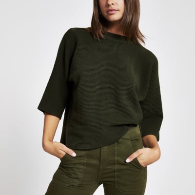 Kaki gebreid geribbeld T-shirt