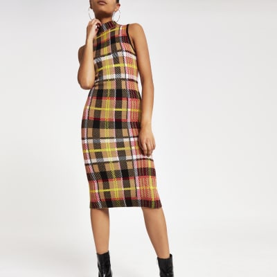 Bruine geruite midi-jurk met ruitenprint