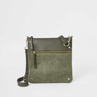 Khaki Ledertasche mit Nieten