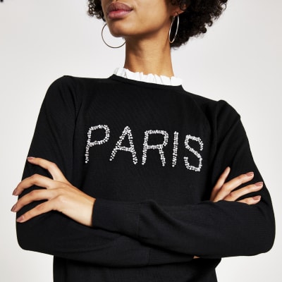 Schwarzes Strickoberteil „Paris“ mit Perlenstickerei