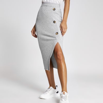 Lichtgrijze gebreide midirok