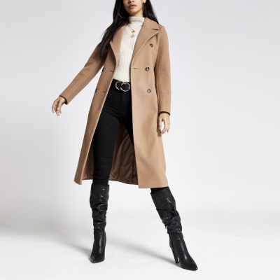 Beiger, zweireihiger Mantel mit Gürtel