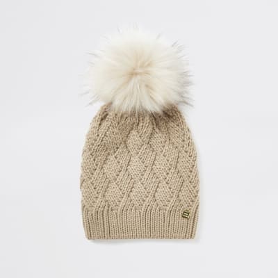 Lichtbeige beanie met pompon van imitatiebont