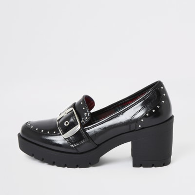 Black studded chunky heel loafers