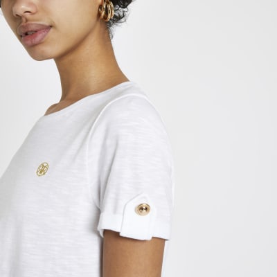 Wit T-shirt met RI-logo en omgeslagen mouwen