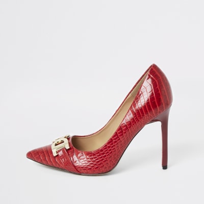 Red wide fit croc embossed court shoes