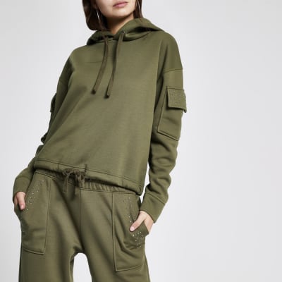 Khaki embellished utility hoodie