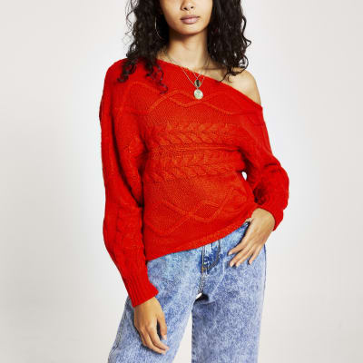Oranje asymmetrische gebreide bardot pullover