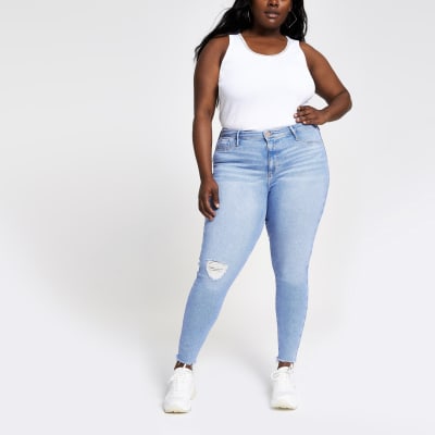Plus – Molly – Hellblaue Jeggings im Used-Look