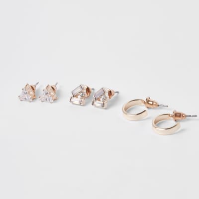 Rose gold tone opal stud earrings pack