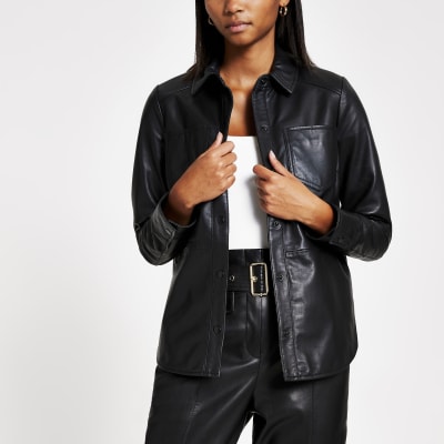 Zwart leren overhemd met knopen voor