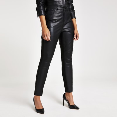 Zwarte leren broek met ponte-stof