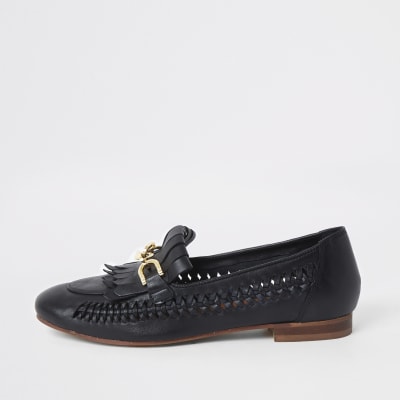 Zwarte gevlochten leren loafers