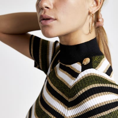 Kaki gestreept T-shirt met col