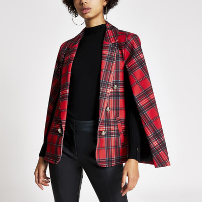 Roter Cape-Blazer im Tartan-Muster mit verzierten Knöpfen
