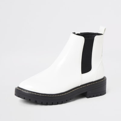 White chunky patent ankle boots