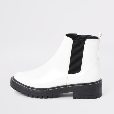 White chunky patent ankle boots