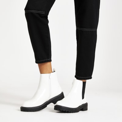 White chunky patent ankle boots