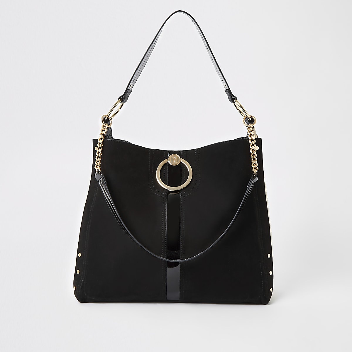 Black oversized ring front slouch bag | River Island