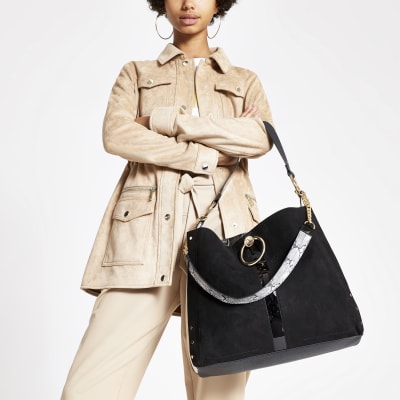 Black oversized ring front slouch bag