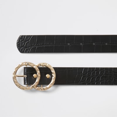 Ceinture noire grain croco à boucle en anneaux