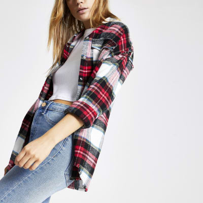 Rood geruit boyfriend overhemd met lange mouwen