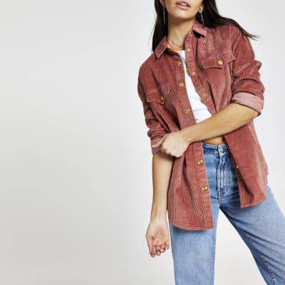 Roze corduroy boyfriend overhemd met lange mouwen