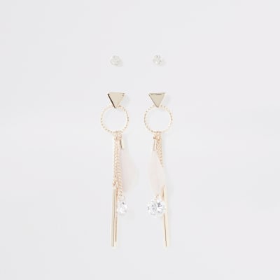 Multipack roségoudkleurige oorbellen met veer