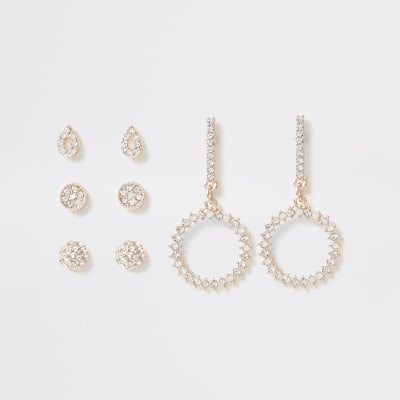 Multipack roségoudkleurige oorhangers met diamantjes