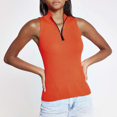 Neonoranje gebreide top met korte rits