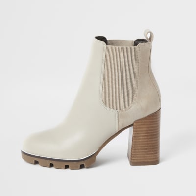 Beige chunky faux leather heeled chelsea boot