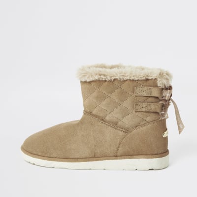 Brown suede quilted faux fur lined boots