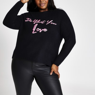 Plus – Marineblauer, kurzer Pullover mit Print