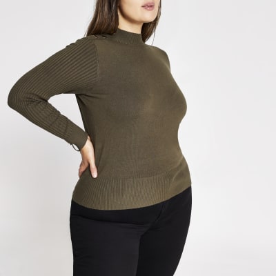 Plus - Hochgeschlossenes Strick-Oberteil in Khaki