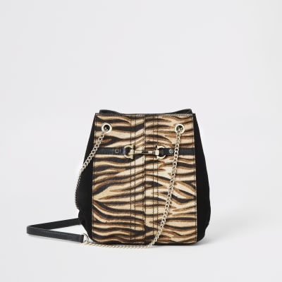 Ruime beige leren tas met tijgerprint