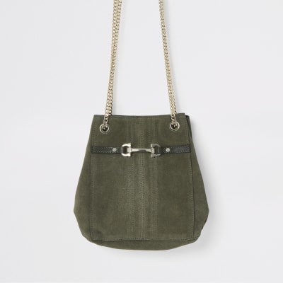Beuteltasche aus Leder in Khaki